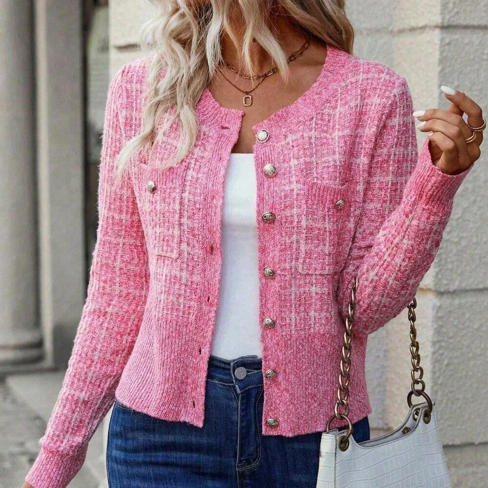 Hot Pink Elegant Women's Button Decor Casual Cardigan